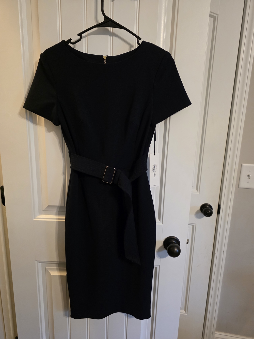Calvin Klein Navy Blue Belted Midi Sheath Dress